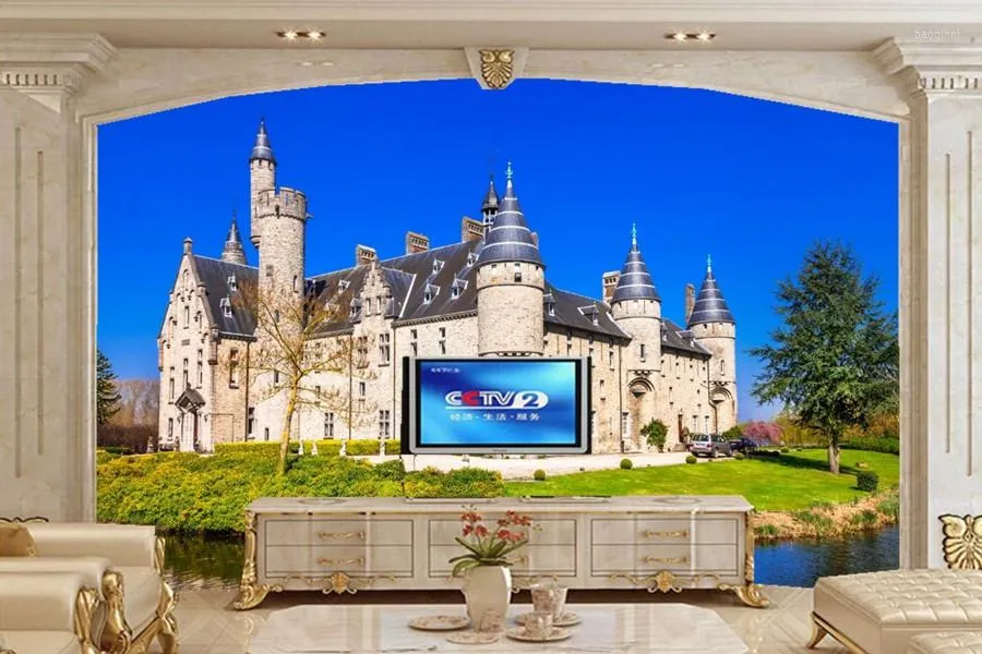 Bakgrundsbilder 3D väggväggmålningar Bakgrund Belgium Castles Pond Trees Castle Cities Living Room Soffa TV Bedroom Papel de Parede