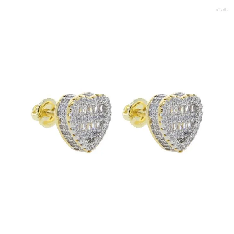 Stud Earrings Elegance Gold Plated Geometry Heart Round Iced Out Bling 5A Cubic Zircon Screw Back Women Fashion Hip Hop JewelryStud Effi22