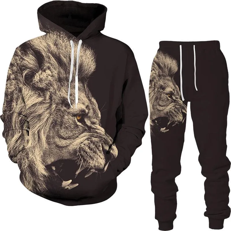 Herrspår 2023 Fashion 3D Tryckt huva tröja Byxor 2-delad kostym Sport Animal Hoodie