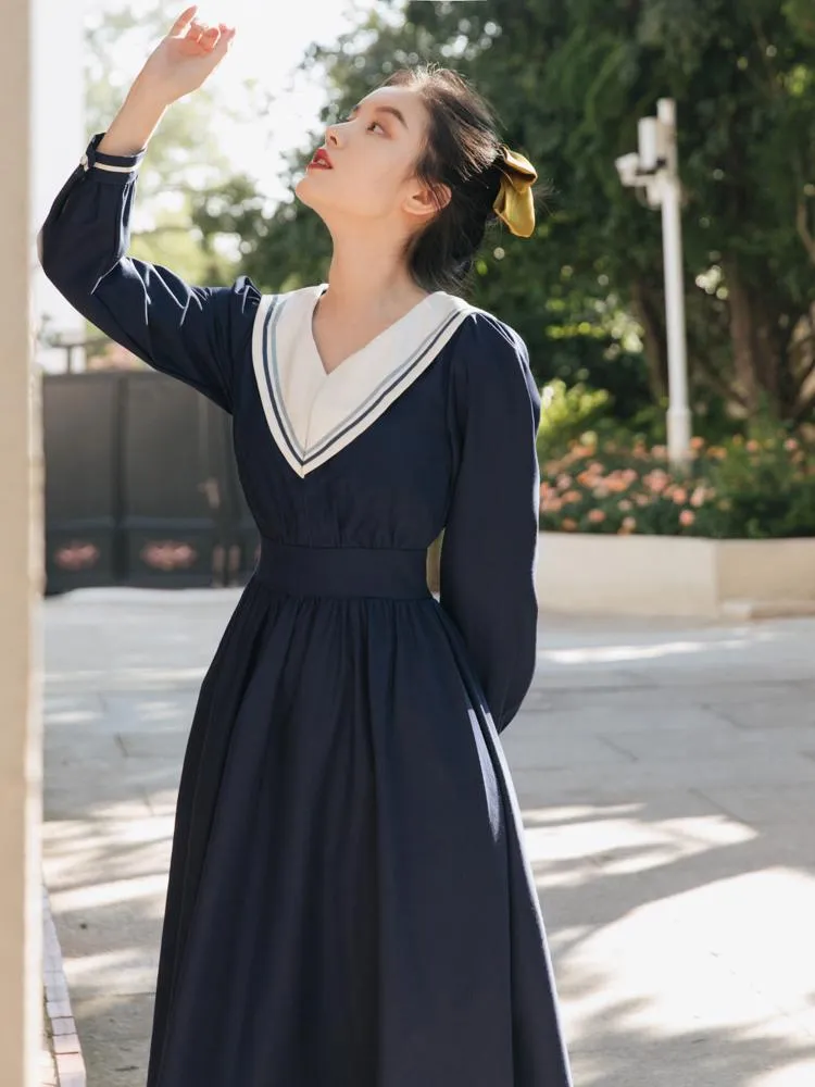 Casual Dresses Japan Preppy Style Sailor Collar Dress Woman Vintage Navy Blue Large Size Lady Vestidos Festa Autumn Spring