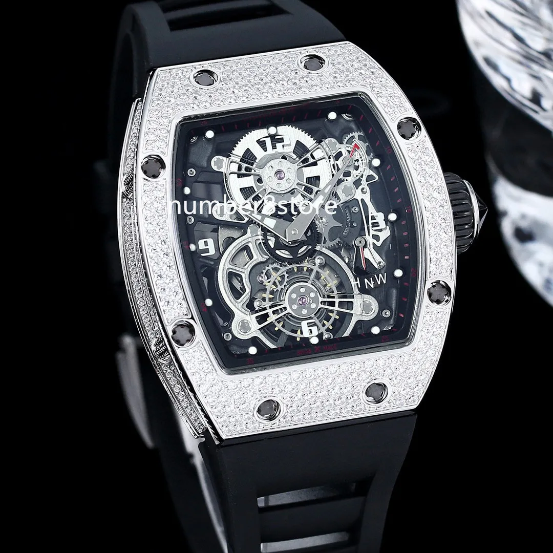 Luxury 17-01 Tourbillon Automatiska herrar Titta på rostfritt stål diamanter skelett klockor svart urtavla safir kristallvattenmotstånd röd gummiband 3 färger