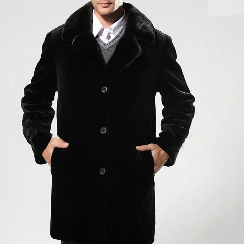 Мужская меховая подделка повседневная черная бизнес -мужчина верхняя одежда длинное пальто зима теплое пальдо