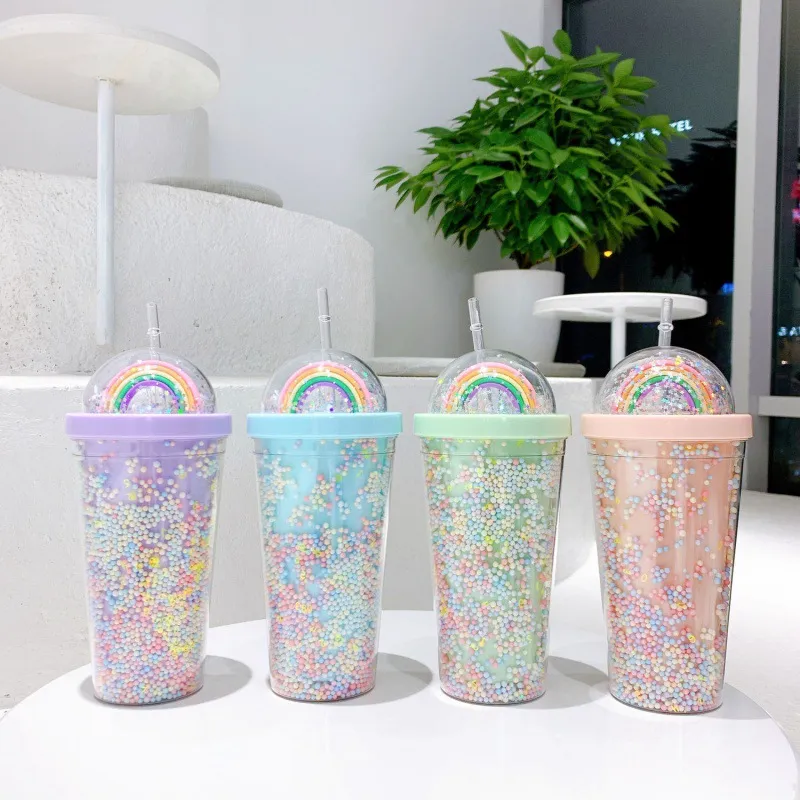550 ml waterflessen schattige regenboogtumblers cup mokken dubbele plastic met rietjes huisdiermateriaal voor kinderen volwassen meisjescadeauproducten