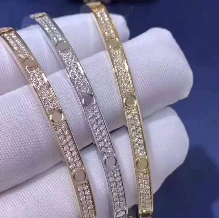 Lüks tasarımcı altın bilezik 3 sıralar tam elmas bilezik bayanlar altın manşet çift bilezik elmas moda mücevher valentine s gün hediye teklifi toptan.