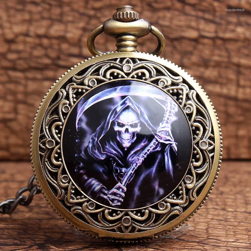 Pocket Watches Cool Skull Watch Flame Big Round Black Dial Men Quartz Pendant Waist Chain Clock Mens Boy Halloween Gift