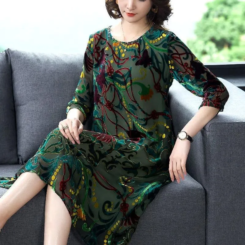 Casual Dresses Mesh Pirnting Flower Dress Kvinna 2023 Spring Autumn Temperament Loose Light Luxury Fashion Robes K52Casual