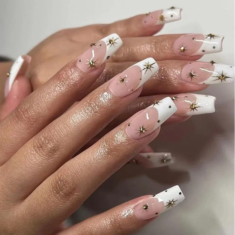 False Nails 24st Golden Star Long Ballet Nail Full French Fake With Lim Acrylic Löstagbar Press On Manicure Tools