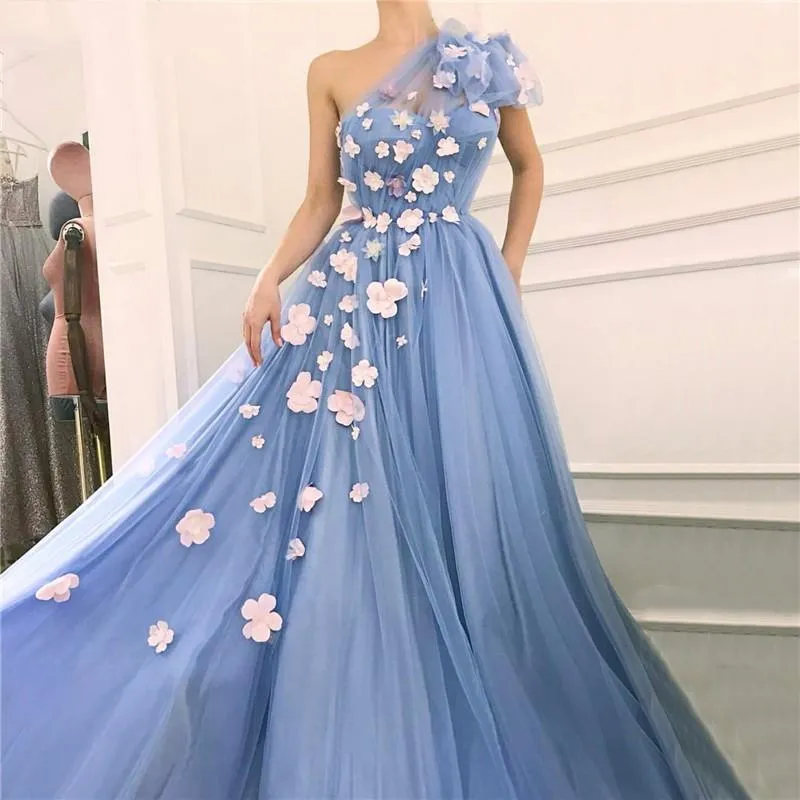 Party Dresses Fairy Blue Evening One Shoulder Handmade Flowers Pearls Tulle Islamic Dubai Saudi Arabic Long Gowns Prom