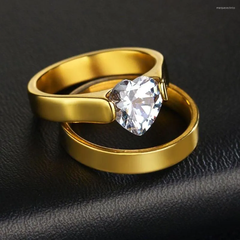 Anneaux de mariage or argent couleur amour coeur cristal Couple femmes ensemble classique en acier inoxydable hommes anneau mode bijoux cadeaux
