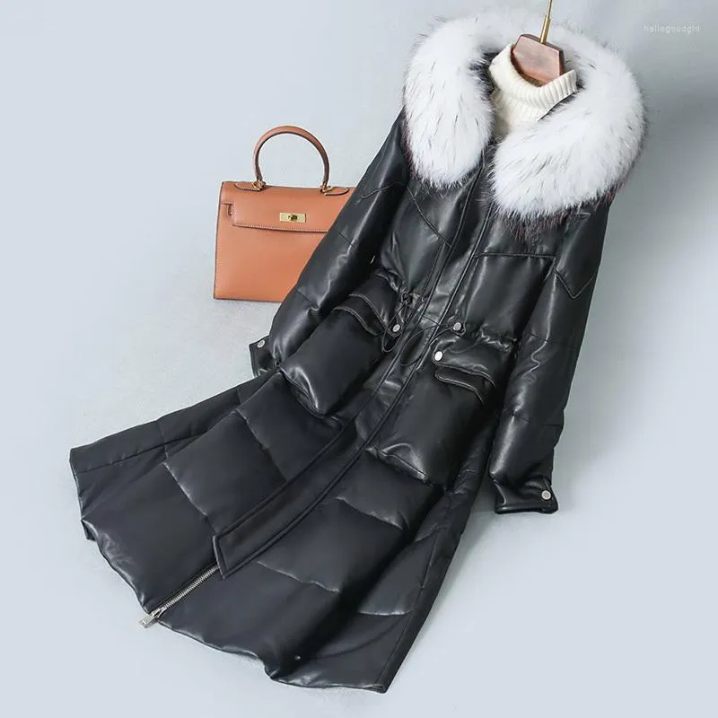 Women's Leather 2023 Winter Women's Coat White Duck Down Jackets Female Real Raccoon Fur Collar Korean Hooded Long Sheepskin Coats WPY46