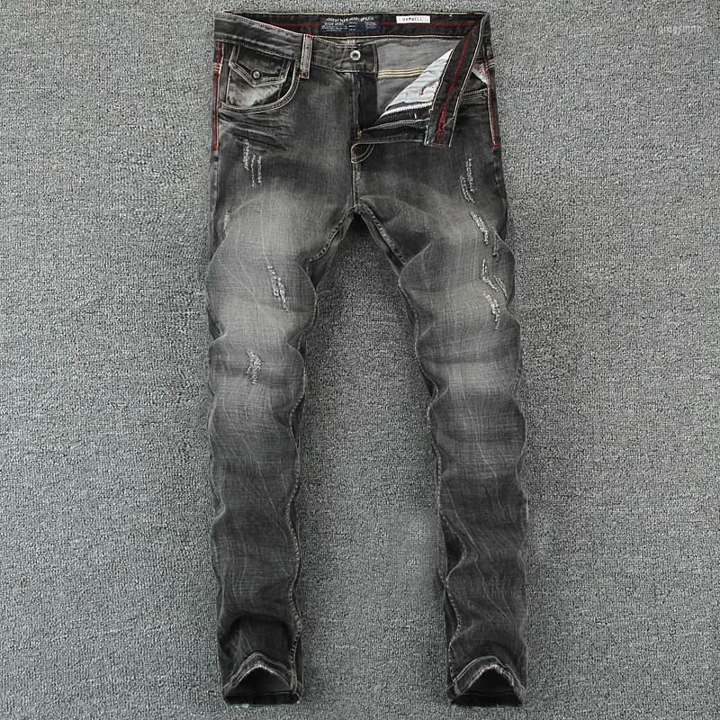 Men's Jeans Vintage Designer Italian Black Gray Color Slim Fit Ripped Homme Cotton Denim Pants Brand Biker Men