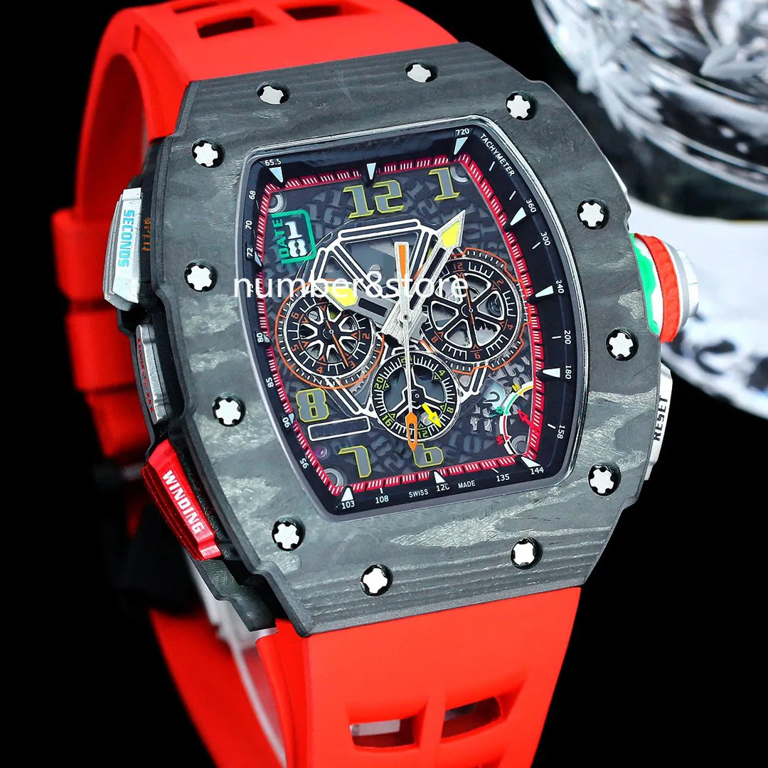 65-01 Carbon Automatic Mens Watch Luxury Watches Transparent Dial Sapphire Crystal Water Resistance Red Rubber Strap 6 Colors