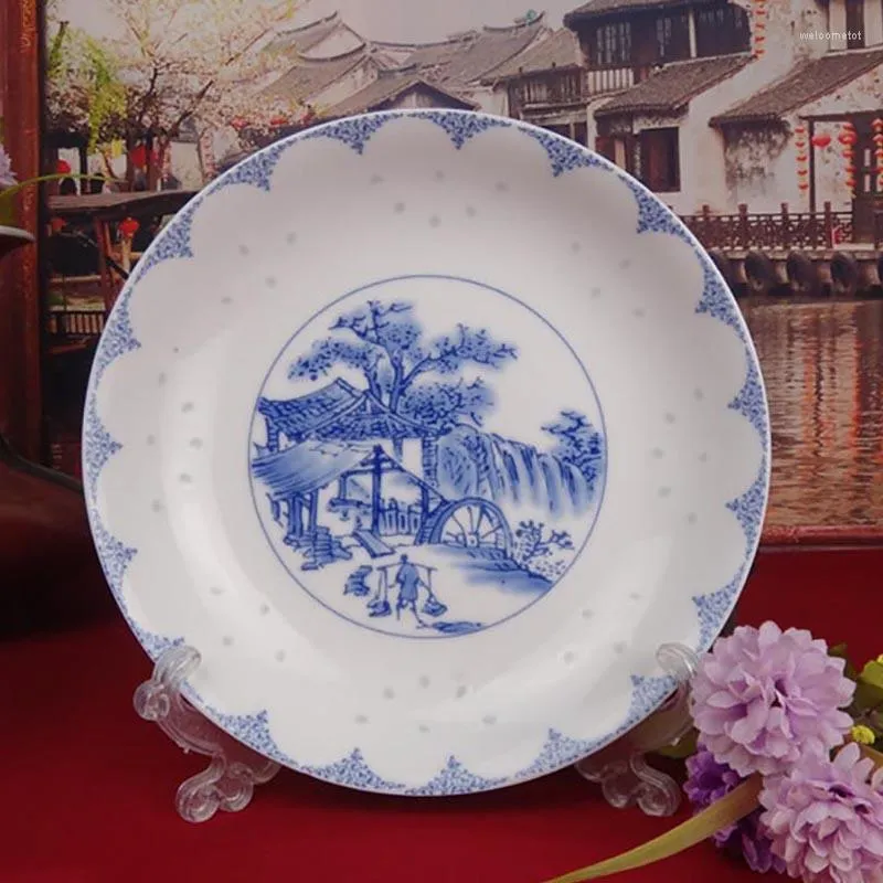 Assiettes 7/8 pouces bleu et blanc porcelaine dîner Jingdezhen assiette en céramique ronde Steak plat porte-fruits accessoires de cuisine