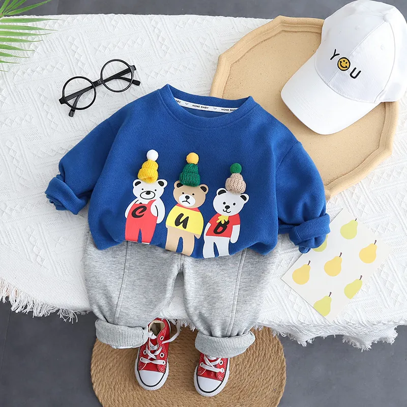 Toddler Baby Boys Ostrocie Zestawy Spring Autumn niedźwiedź Sprężyste T-shirty z długim rękawem