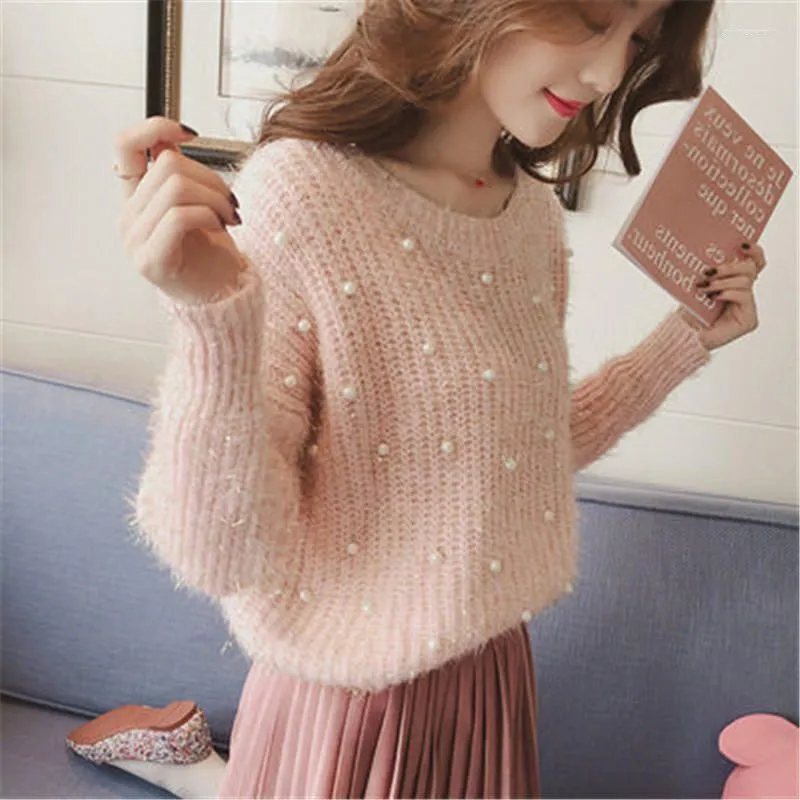 Women's Sweaters 2023 Pearl Beading O Neck Sweater Sweet Women Pullovers Knit Jumper Long Sleeve Casual Solid Pull Femme Autumn 926