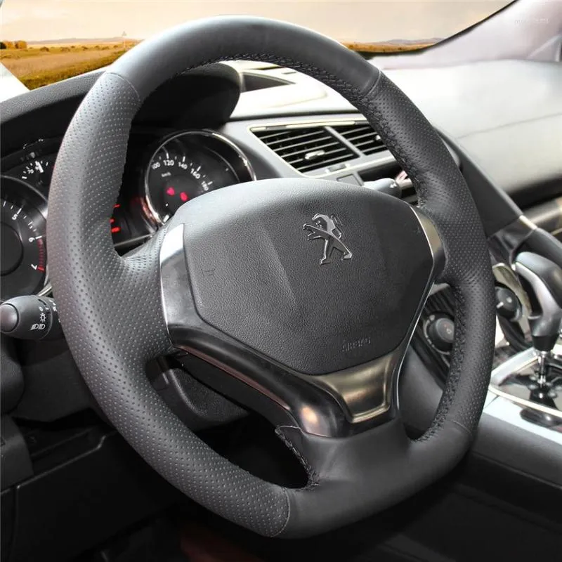 Cubiertas del volante cosidas a mano piezas de automóviles accesorios de coche cubierta transpirable de cuero Artificial negro para 3008 2013 2014 2023