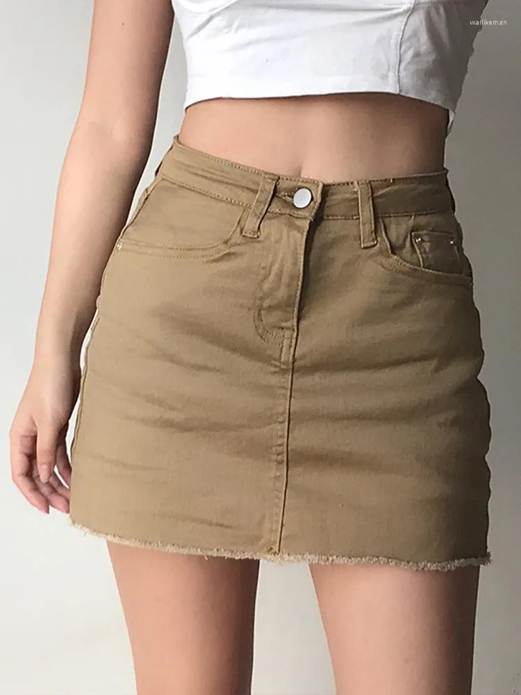 Spódnice solidne kieszonkowe mini dżinsowe spódnica żeńska letnia moda w talii krótka prosta Faldas Bottom Women Vintage Casual 2023