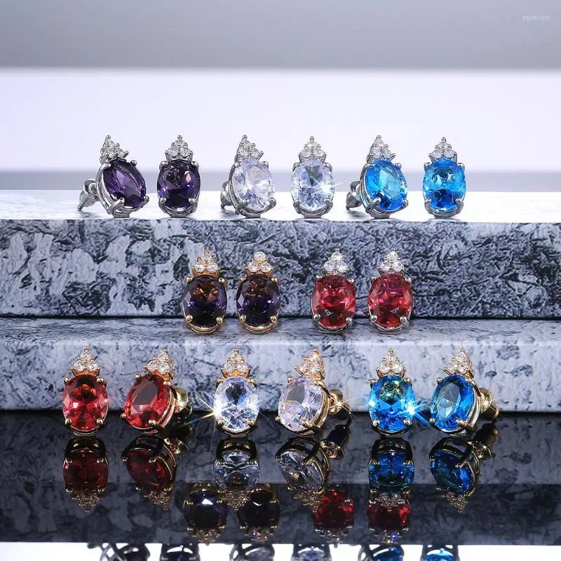 Boucles d'oreilles en Zircon ovale pour femmes, blanc/rouge/bleu/violet, pour fête, cadeau d'anniversaire gracieux pour fille, bijoux à la mode