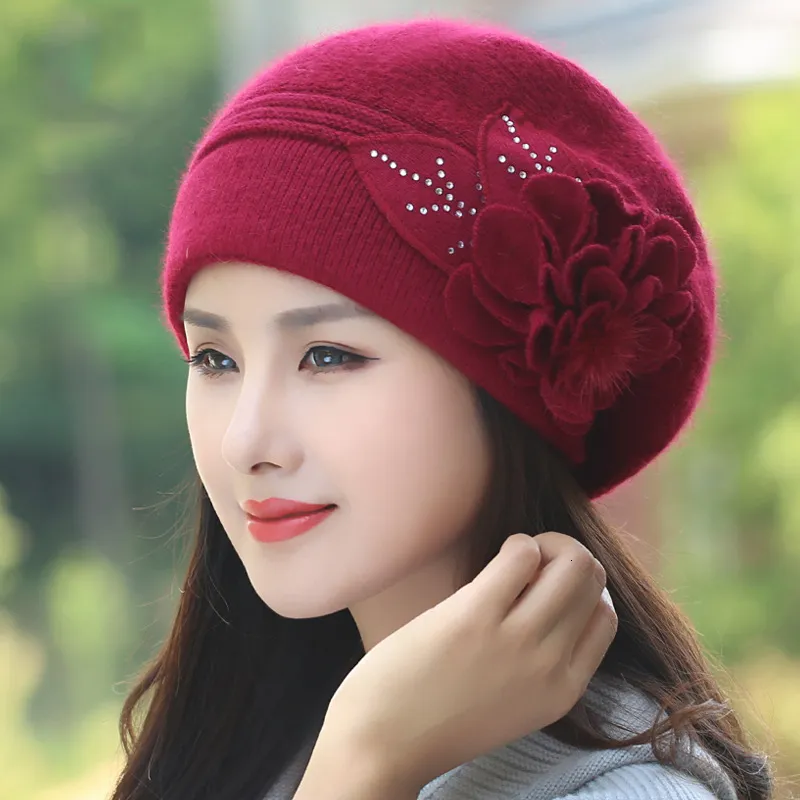 BeanieSkull Caps Béret Femmes Chapeau D'hiver Angora Bonnet En Tricot Chaud Automne Fleur Double Couches Ski En Plein Air Accessoire Pour Femme Chapeaux 230211