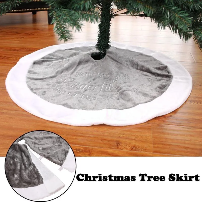 Decorações de Natal 90 cm de saia branca cinza Bordado de bordado de veludo curto Decoração do tapete para ano em casa F4D8