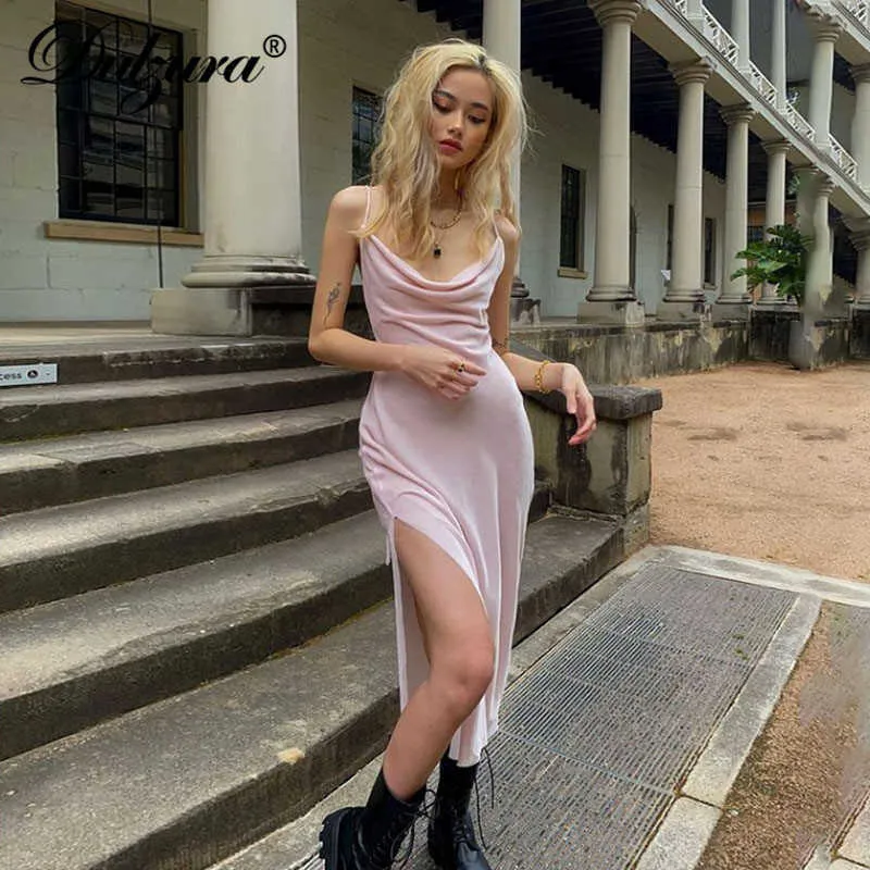 Robes décontractées Dulzura Velours Solide Femmes Sangle Midi Robe Fendue Empilée Lâche Élégante Fête Streetwear 2021 Printemps Festival D'été T230210