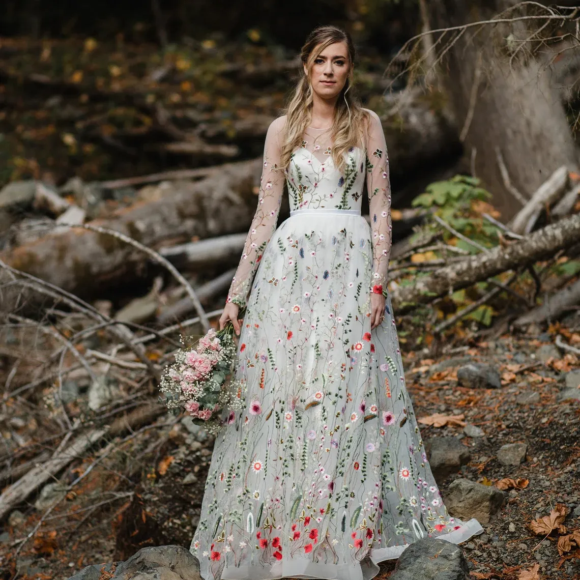 RED ROSE Illusion Neckline Floral Organza A-Line Bridal Gown – AlesiaC.com
