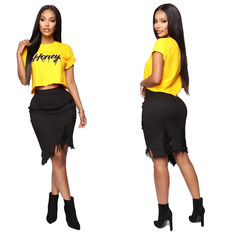 Women s Denim Ripped Hip Skirt Irregular Short Skirt for Summer