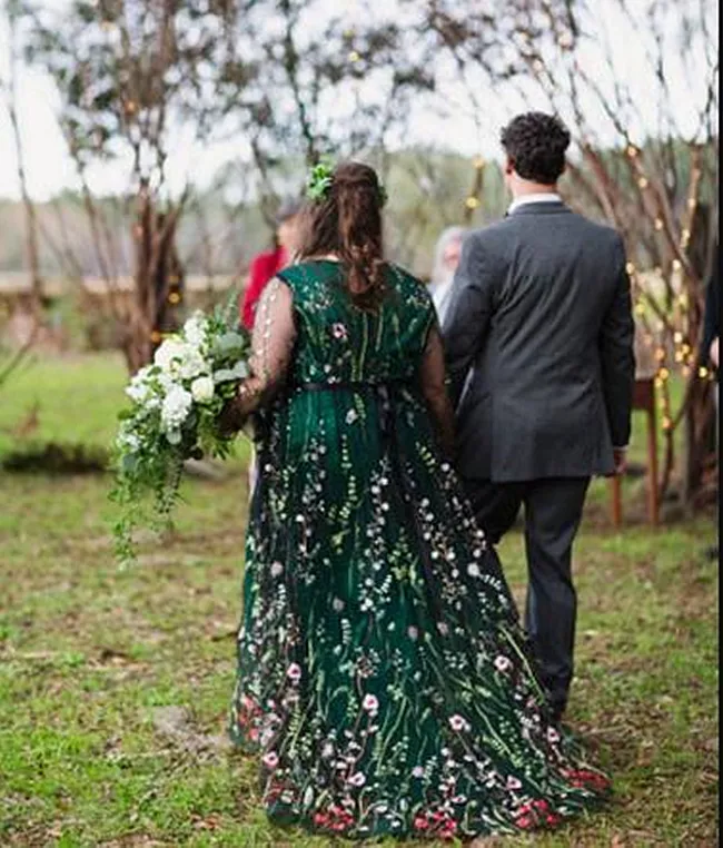 Bohemian Green and Black V-Neck A-Line Plus Size wedding outfits with Empire Waist, Long Sleeves, and Floral Lace - Customizable Plus Size Bridal Gown