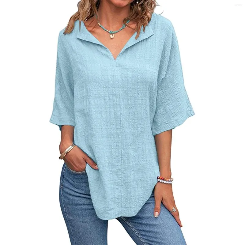 Women's Blouses Tops Exercise Women Womens Solid Color V Neck Shirts Short Sleeve Cotton Linen Tee Blouse Summer Long Sleeved T