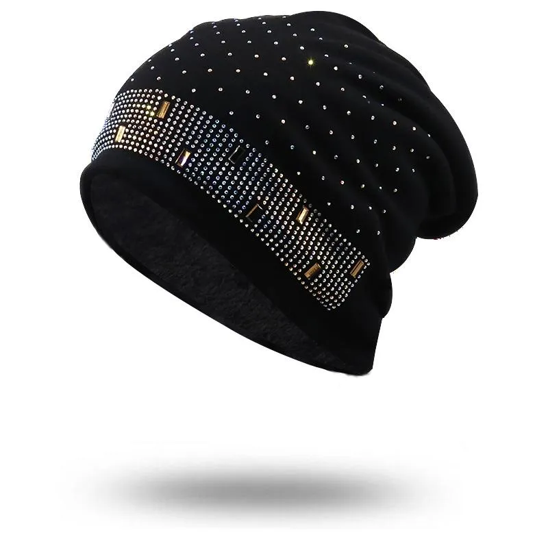 Bonnets Bonnet/Casquettes De Crâne Hiver Épais Chaud Sans Brim Fourrure Bonnet Cap Femmes Strass Slouchy Beanie Laine Chapeau Pour Fille Femme Crâne