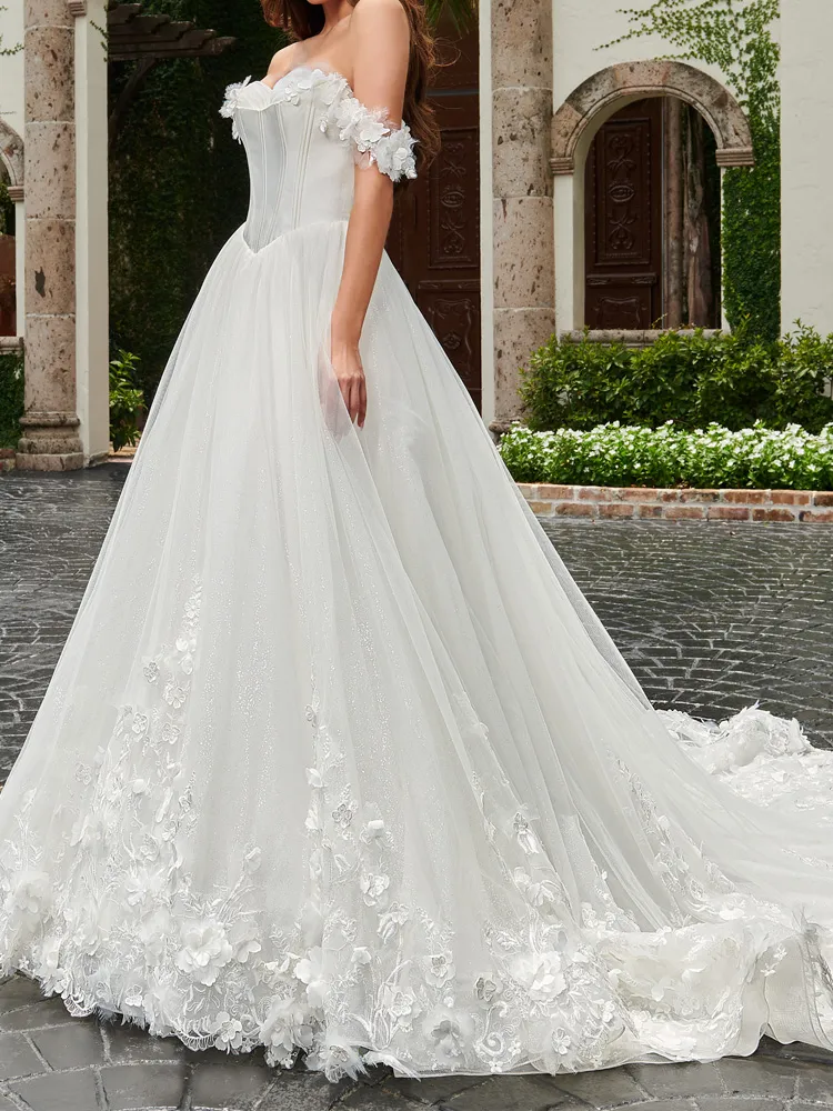 Stunning Strapless High Waist Corset Back Wedding Dress with Court Train, Floral Embroidery Applique, and Back Layers in Tulle Fabric