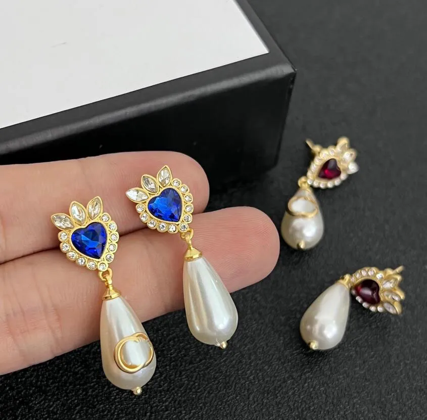 Modeontwerper Long Pearl Danggang Kroonluchter oorbellen Stud Women Diamond Crown Heart Drop oorbellen Hardronde met doos