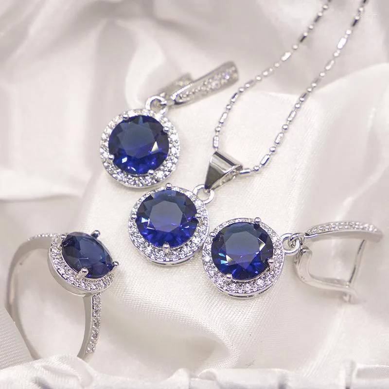 Necklace Earrings Set 2023 Silver Plated Wedding Blue Zircon Dangle And Ring 3 PC Women Trendy Accessories
