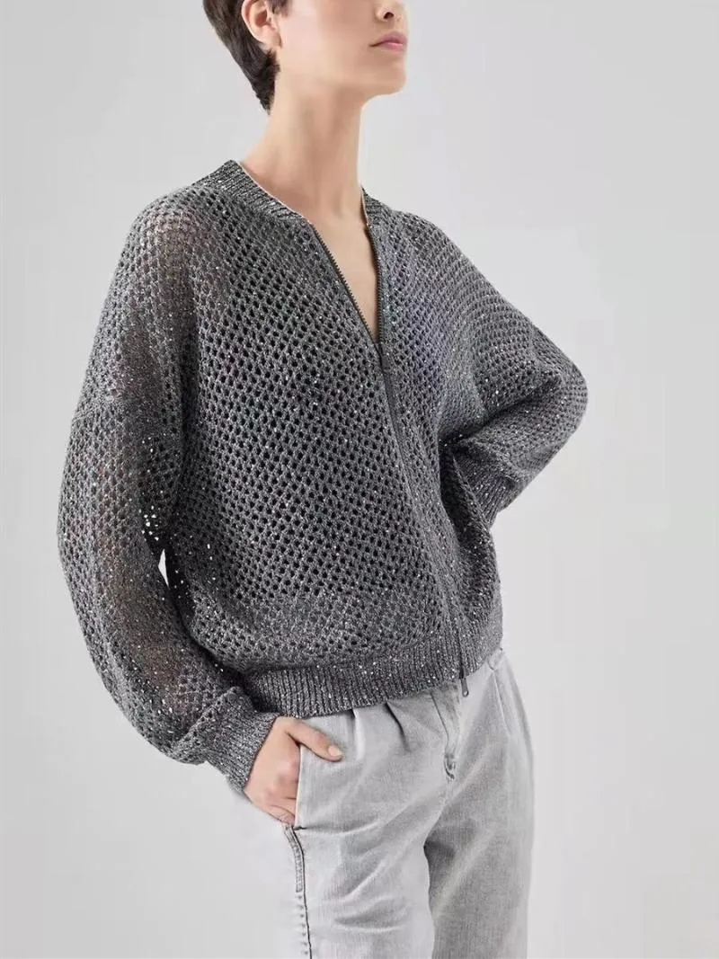 Damenpullover Damen Pailletten aushöhlen Strickwaren Top Frühling Sommer Langarm O-Ausschnitt Schlank Strickpullover für FrauenDamen