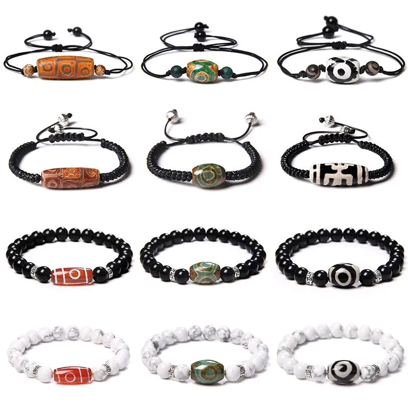 Strang Perlen Stränge Klassische Dzi Perlen Charme Naturstein Armbänder Für Frauen Männer Tibetischen Schwarz Weiß Armreif Buddhismus Gebet Meditation