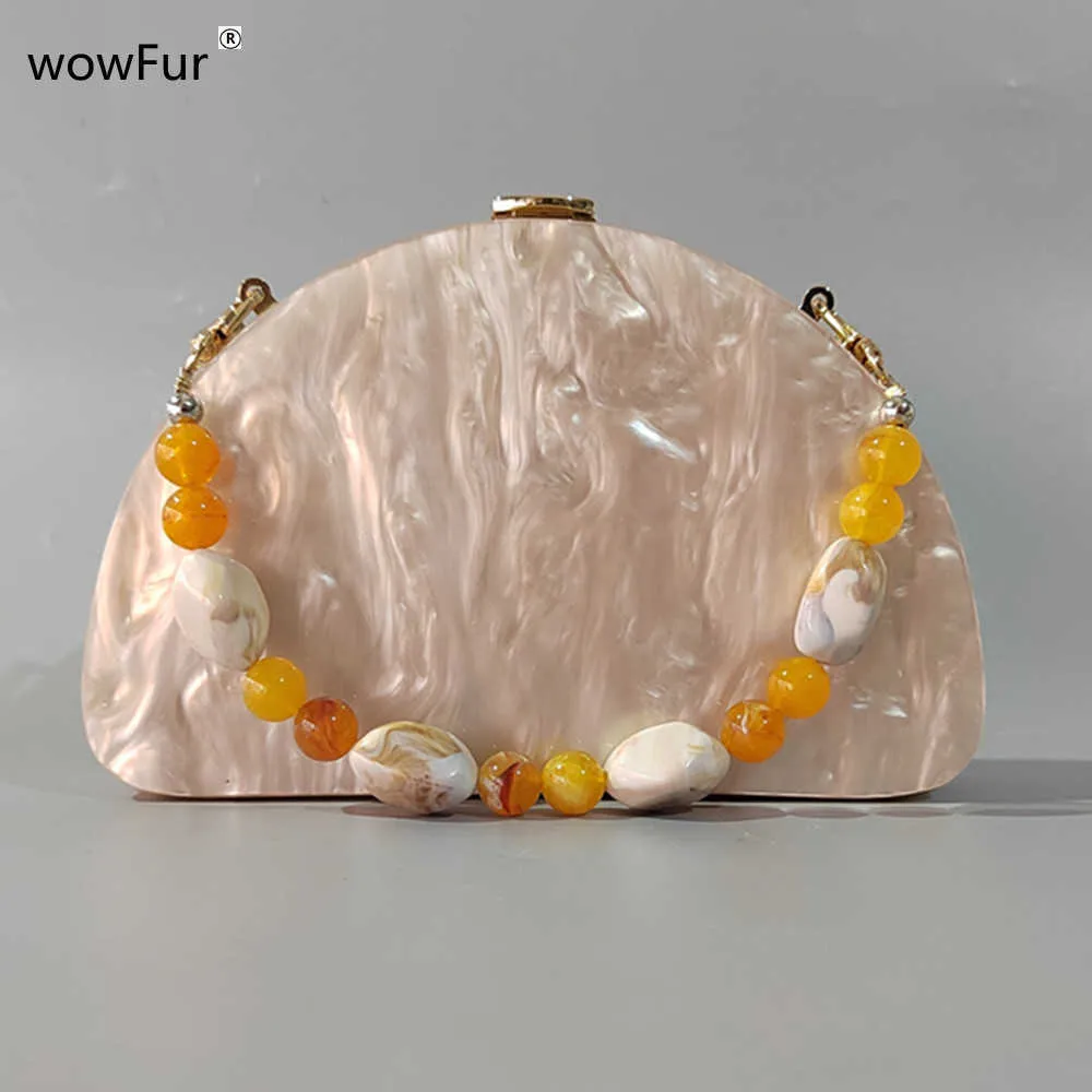 qwertyui45 Umhängetasche Apricot Candy Half Moon Circular mit Perlenkette Umhängetasche Messenger Party Business England-Stil Acryl Box Clutches Taschen 021223H