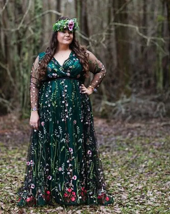 Bohemian Green and Black V-Neck A-Line Plus Size wedding outfits with Empire Waist, Long Sleeves, and Floral Lace - Customizable Plus Size Bridal Gown Bohemian Green and Black V-Neck A-Line Plus Size wedding outfits with Empire Waist, Long Sleeves, and Floral Lace - Customizable Plus Size Bridal Gown