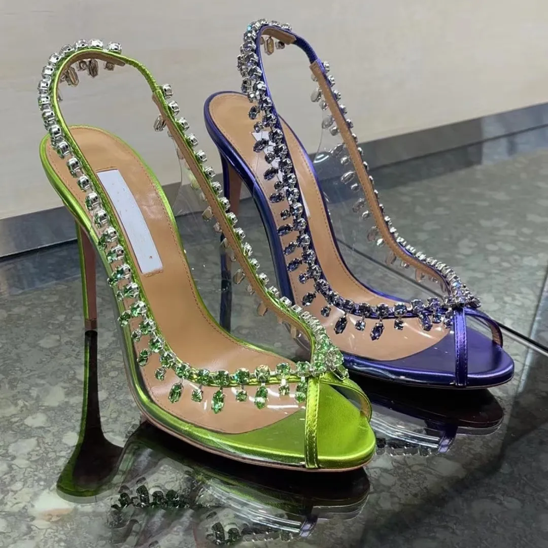 Sandales à talons hauts strass chaussures de banquet femmes de luxe transparent robe à bout ouvert chaussures de créateur usine classique 10CM chaussures à talons aiguilles 35-42 avec boîte