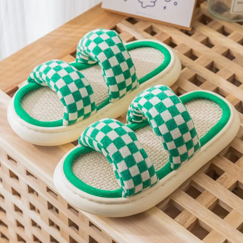 Slippels Gingham vrouwen binnenbodem plat schoenen comfort anti-slip huis vlas linnen slipper unisex vrouwelijke mannen huis katoen glijders