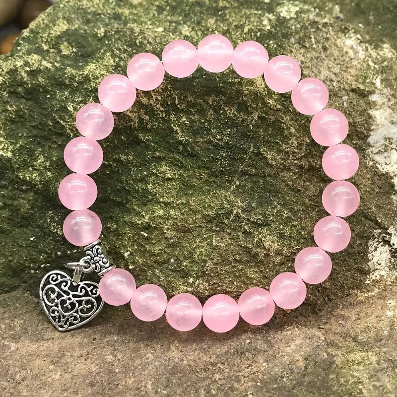 Charmarmband 8mm rosa kristallhjärta armband kvinnlig roskvartpärlspårpårpendling
