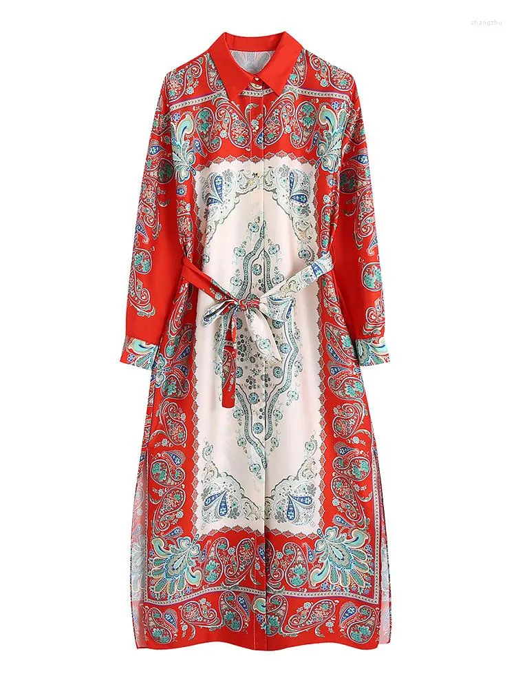 Casual Dresses Retro Paisley Print Boho Dress For Women 2023 Side Slit Loose Midi With Belt Collared Long Sleeve Button Up Shirt