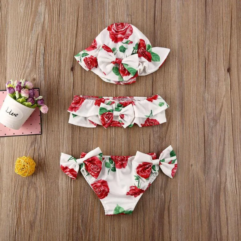 One Pieces 0-24 Months Born Girls Swimsuits 3pcs Set 2023 Summer Baby Girl Bikini Red Blue Floral Print Swimsuit Swimming Suit