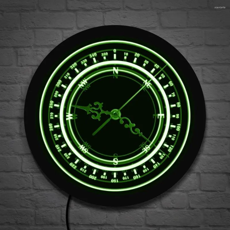 Wall Clocks Nautical Compass LED Neon Sign Clock Navy Round Vintage Wind Rose Luminous Light Watch Navigation Design