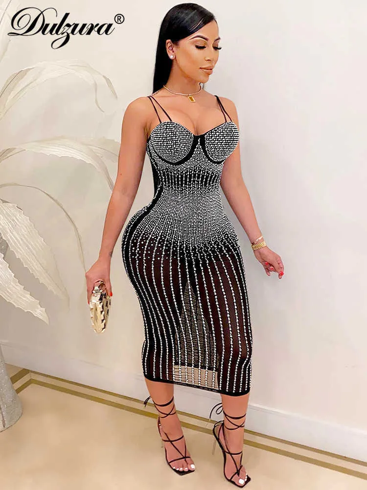 Sukienki swobodne Dulzura Rhinestones Patchwork Women Siat Pas Pas PROM MIDI SURES BODYCON SEXY PRZEWODNIENIE SEXY PARTY Club Festival 2022 Y2K T230210