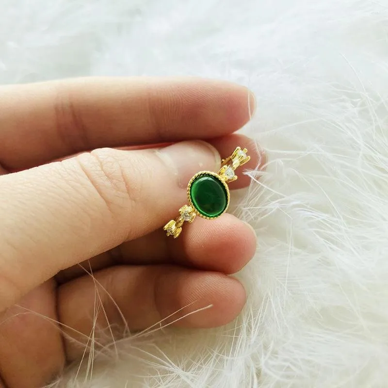 Cluster Rings Original Design Natural Green Chalcedony Oval Opening Adjustable Ring Chinese Retro Charm Women's Brand Silver Jewelry