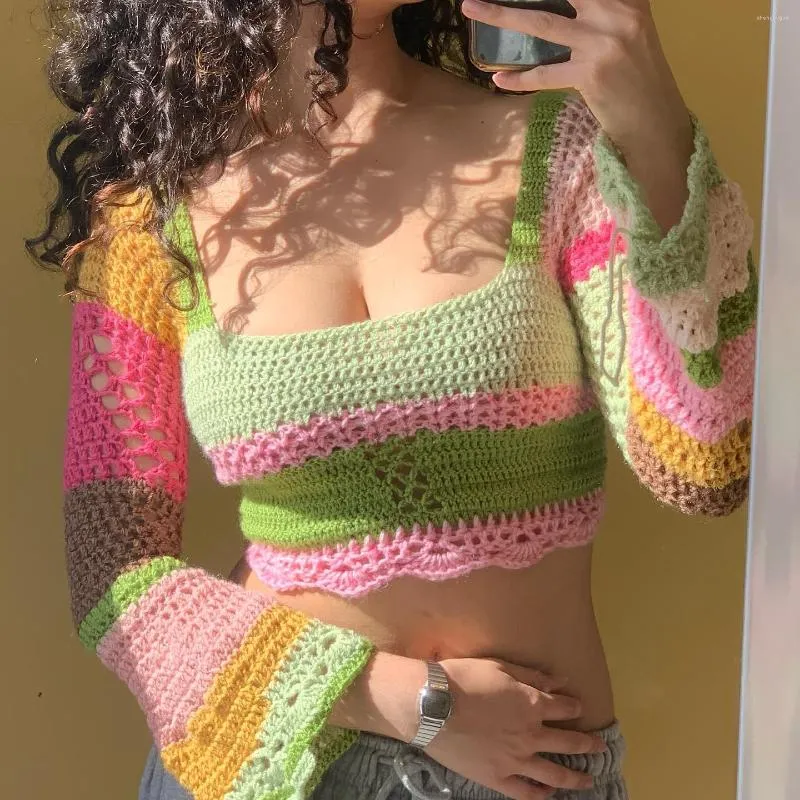 T-shirt da donna Donna Scava fuori Crochet Knit Crop Top Y2k Color Block Pullover Maglione Top Manica lunga T-shirt allentata 90S E Girl Streetwear