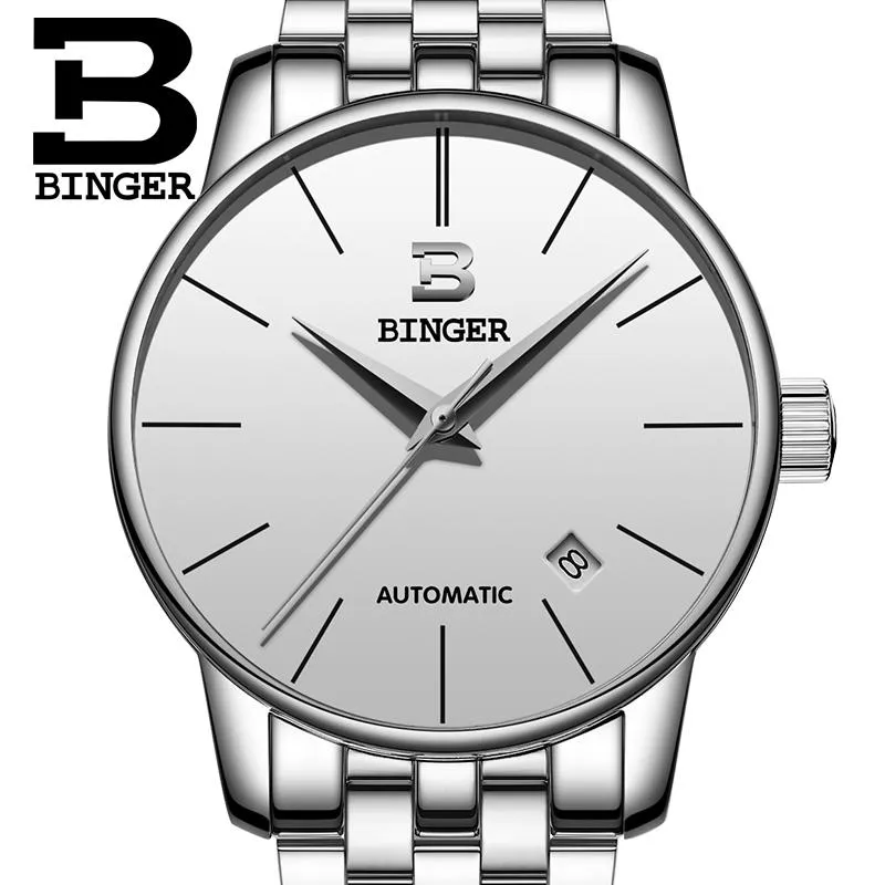 Armbandsur Relogio Masculino Binger Full Analog Display Date Men's Automatic Watch Business Men rostfritt stål