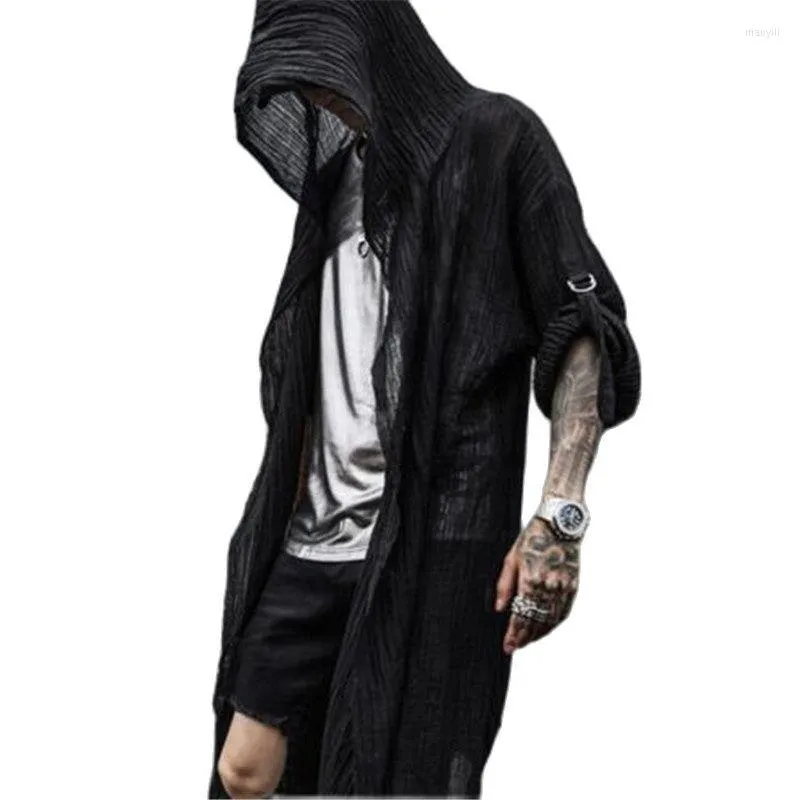 Men's Trench Coats Men's Thin Section Coat Black Hooded Jacket Street Hip Hop Men Long Sleeve Nightclub Punk Cardigan Retro