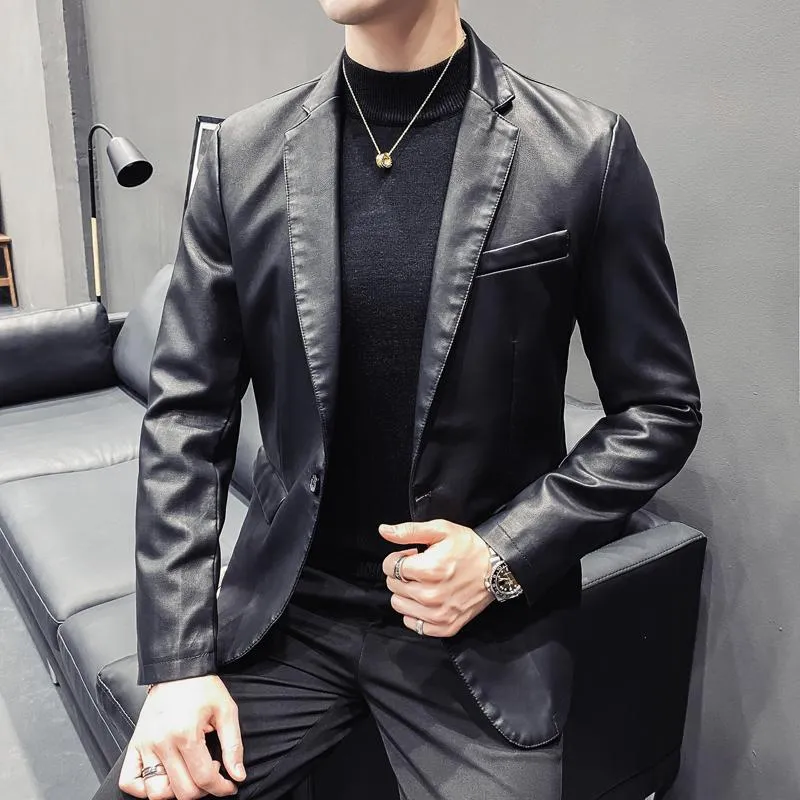 Мужские костюмы Blazers Men Slim Fit Jackets Leather Fashion Male Pu Coats весенняя осень Деловая повседневная куртка 5