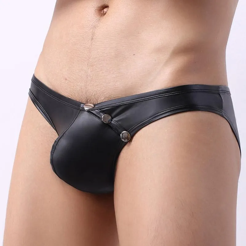 Underbyxor mäns trosor gay underkläder män sexiga exotiska knappar kort jockstrap mens imitation läder trosor manlig man underkläder